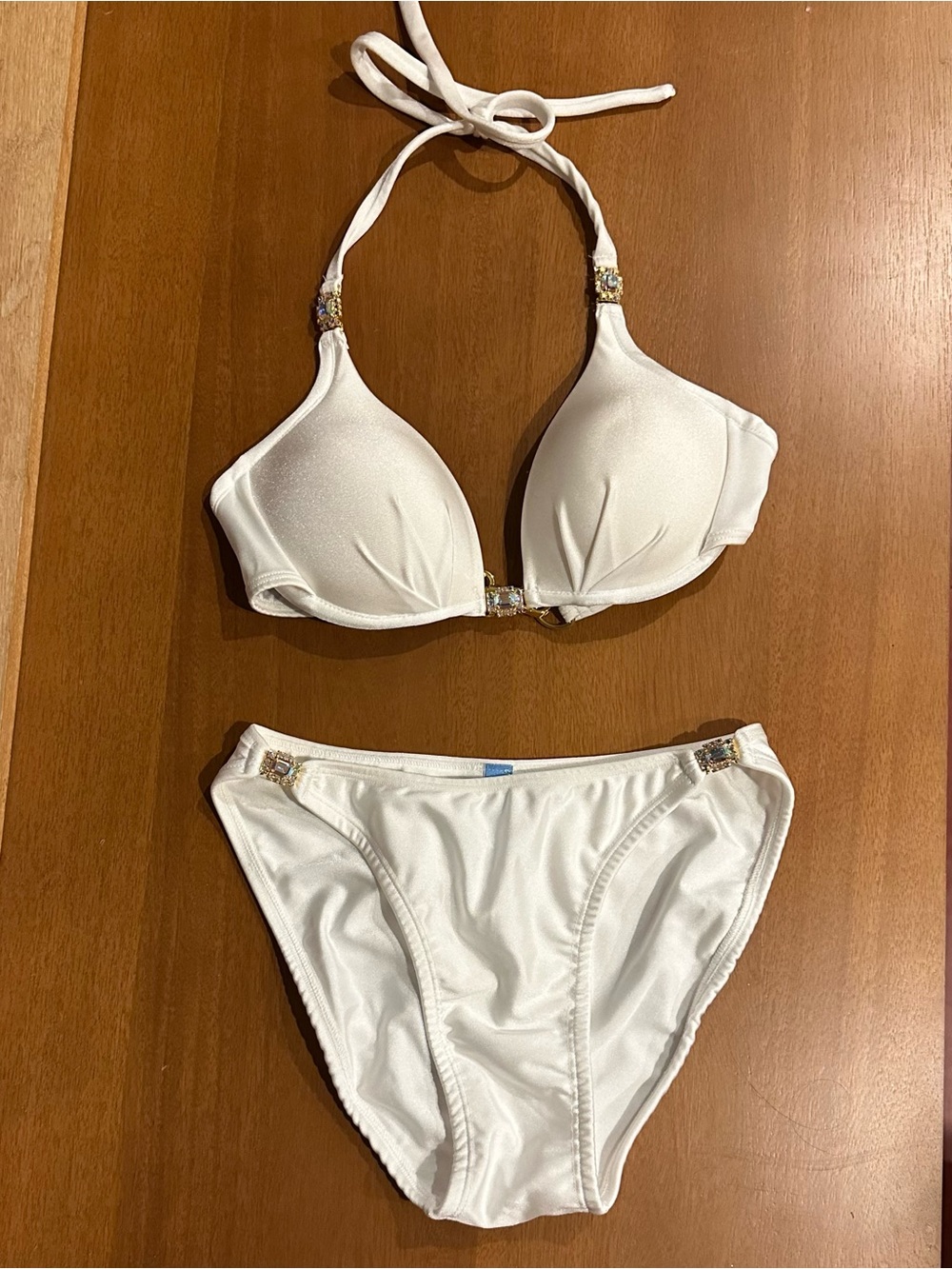 White Jeweled Halter Bikini Set - Women Swim